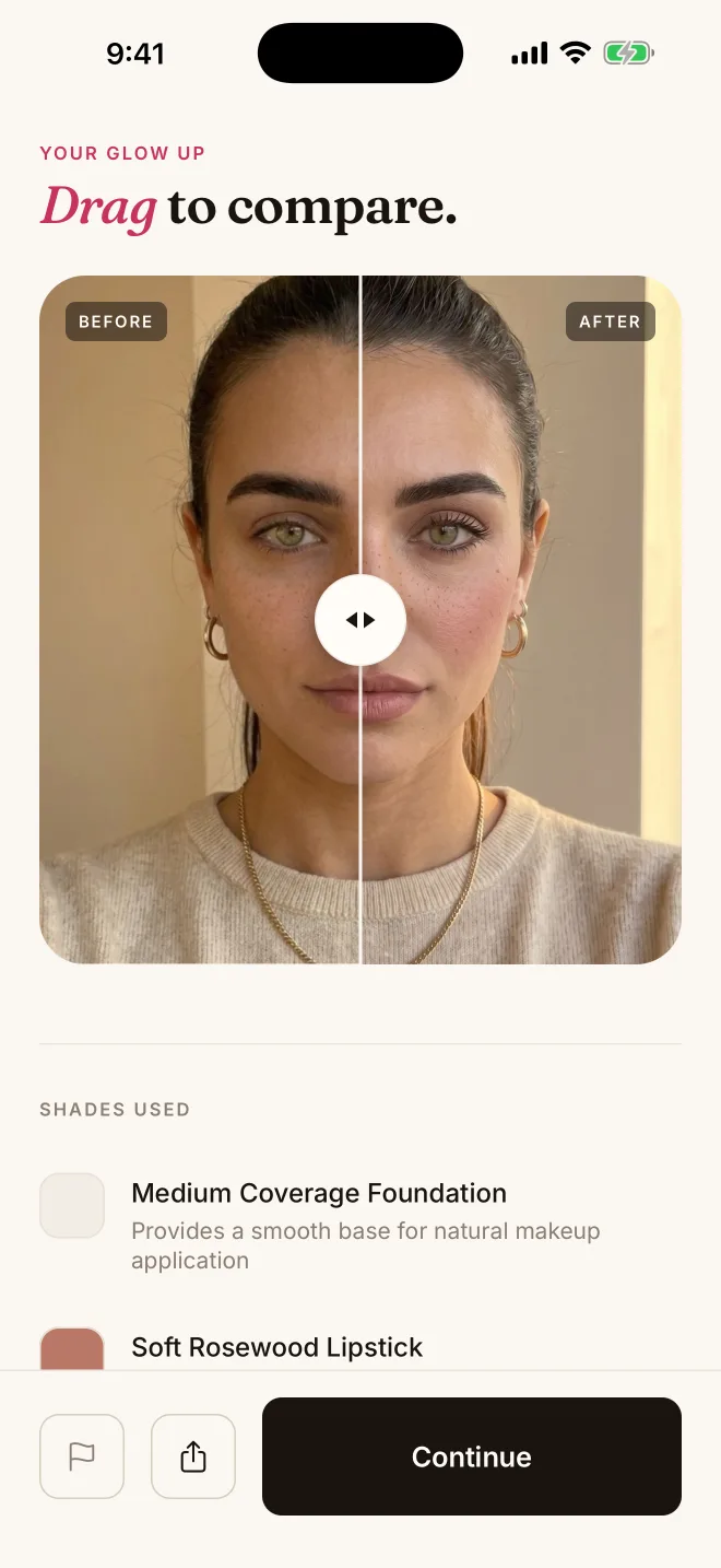 Before and after slider of a makeup look on the user's face