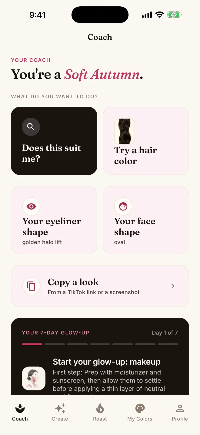 Vella beauty coach home screen for a Soft Autumn