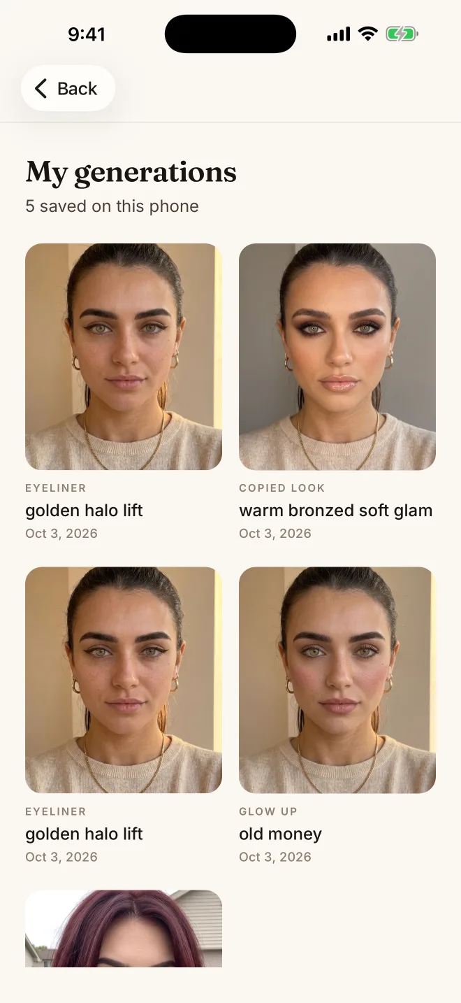Gallery of makeup looks generated on the user's own face
