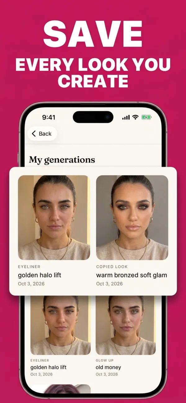 Vella Studio app screenshot: Save every look you create