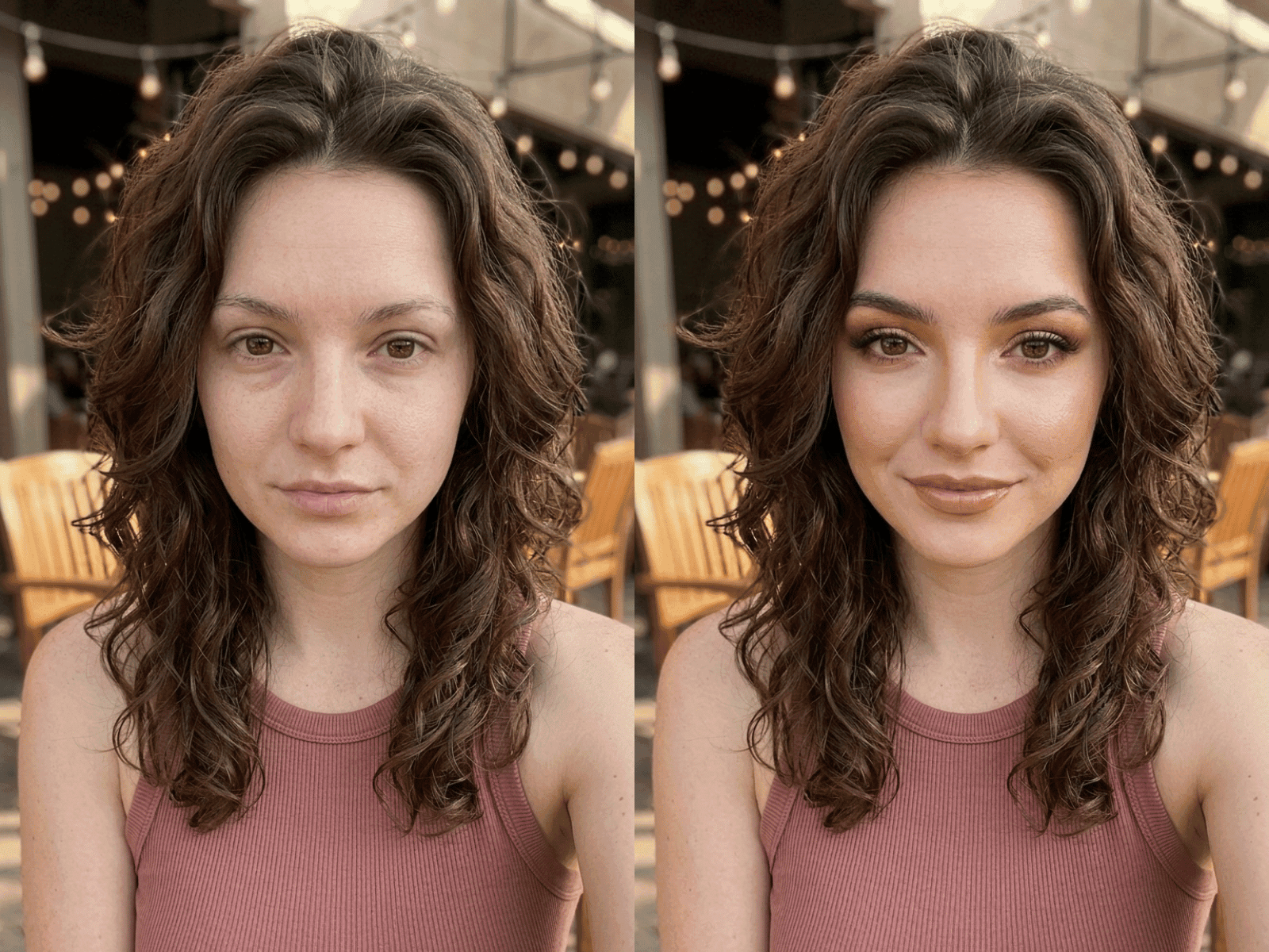 Before and after a Vella makeup look
