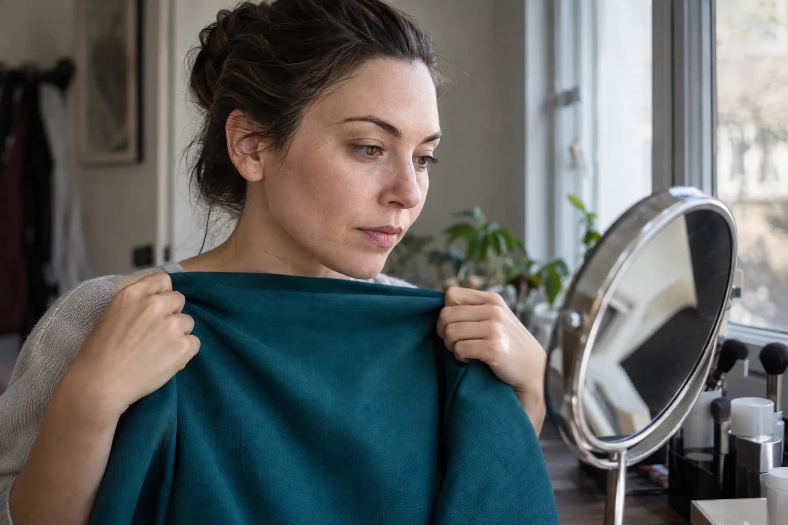 Woman holding a deep teal drape beneath her bare face while checking its effect in a mirror by a window.