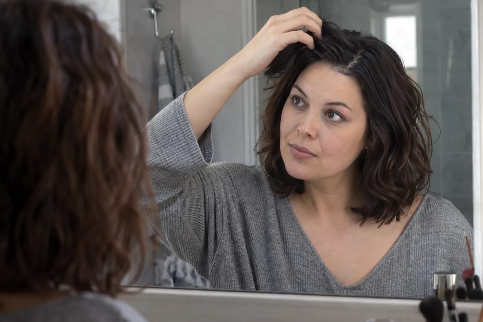 Woman with a round face adjusting the off-center part of her wavy collarbone-length lob in a mirror
