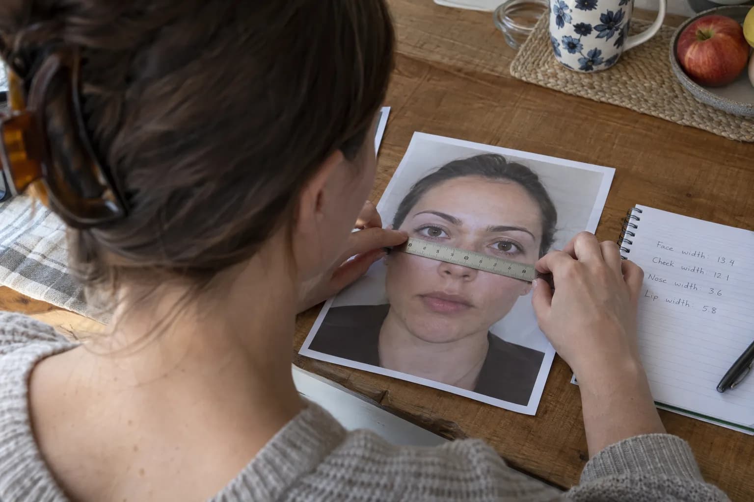 Woman measuring cheekbone width on a printed face photo with a ruler beside a notebook of measurements.